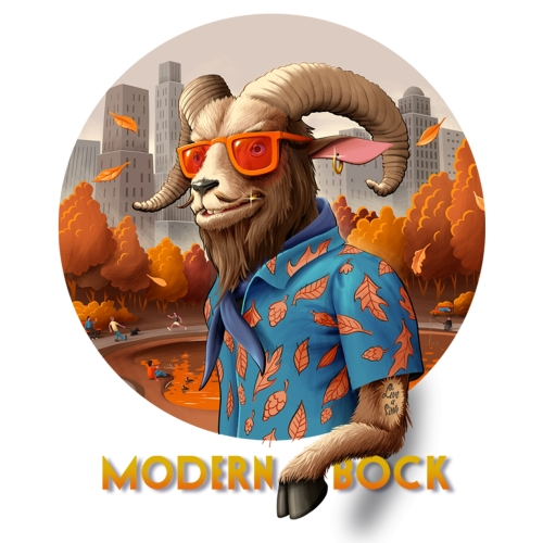 Illustratie van een ram met zonnebril en blauw herfstshirt in een stadspark met tekst Modern Bock.