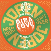 Oranje bliklabel van Jopen DIPA Love met groen rond logo, barcode en productinformatie.