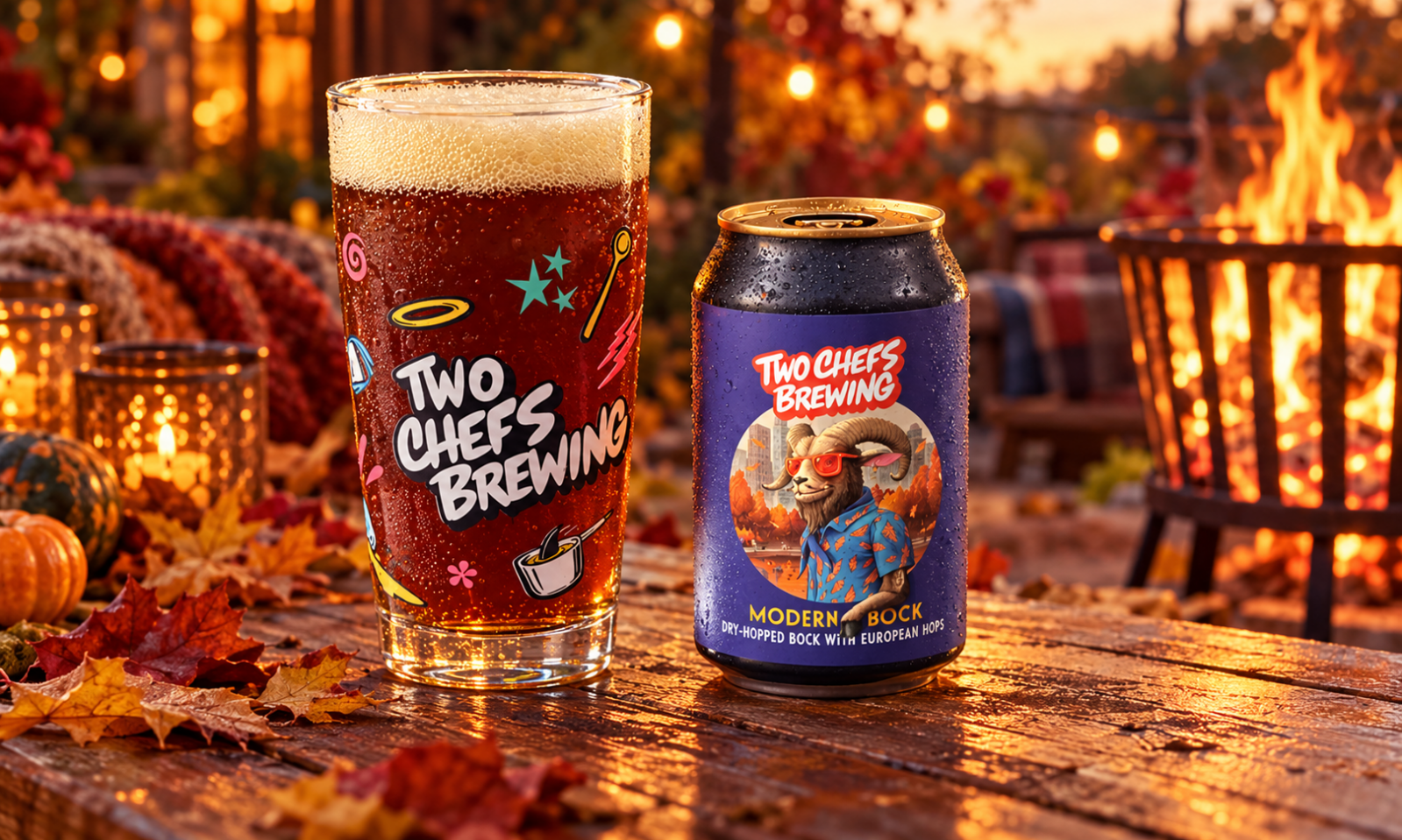 Glas bockbier en blik Two Chefs Modern Bock op een herfstige tafel bij een vuurkorf.
