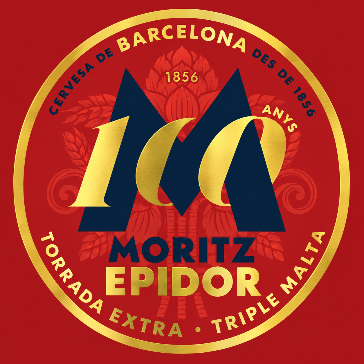 Rood-gouden Moritz Epidor bieretiket met groot logo, Barcelona-tekst en triple malta-vermelding.