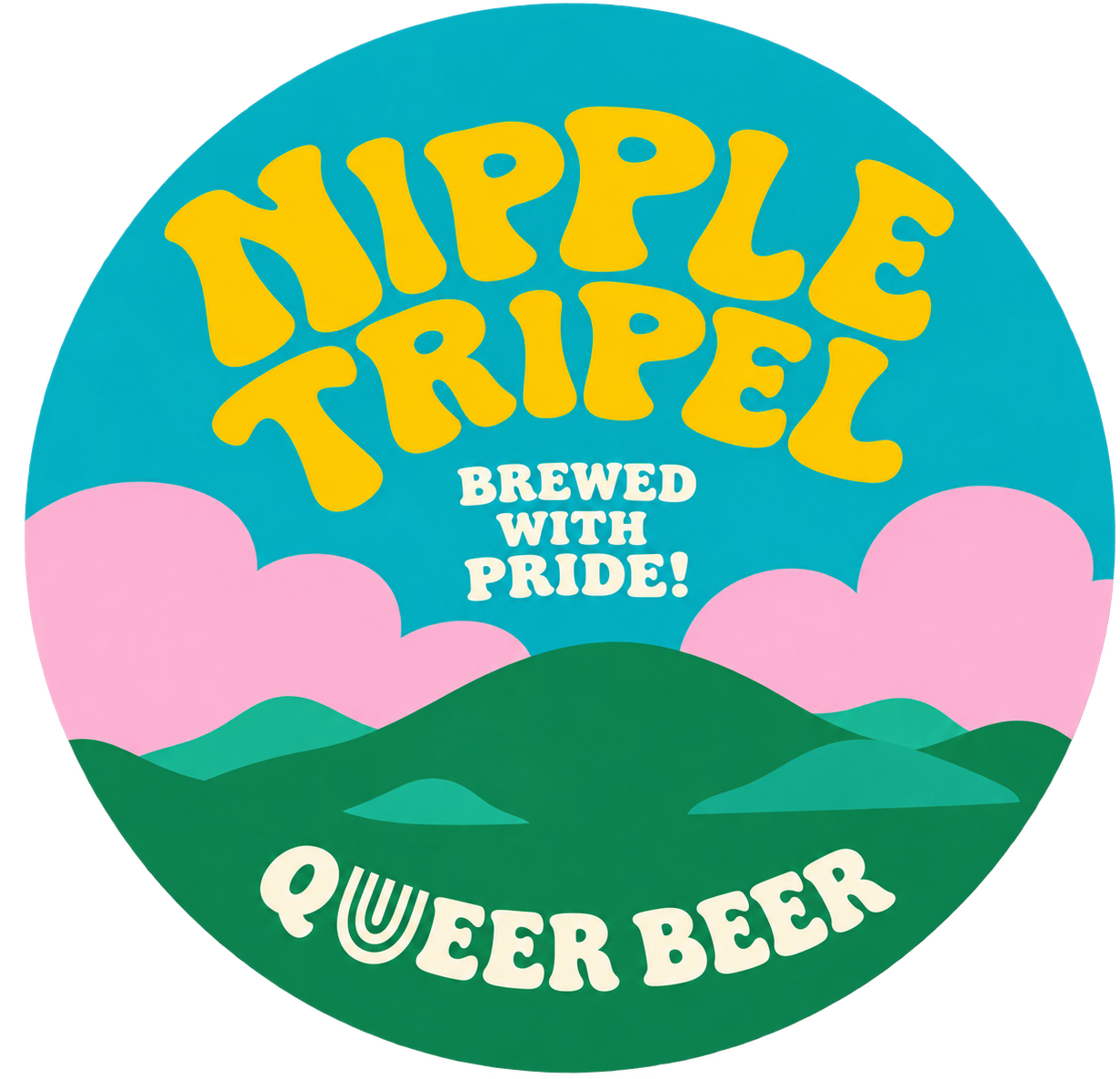 Rond bieretiket met gele tekst Nipple Tripel, roze wolken, groene heuvels en Queer Beer-logo.