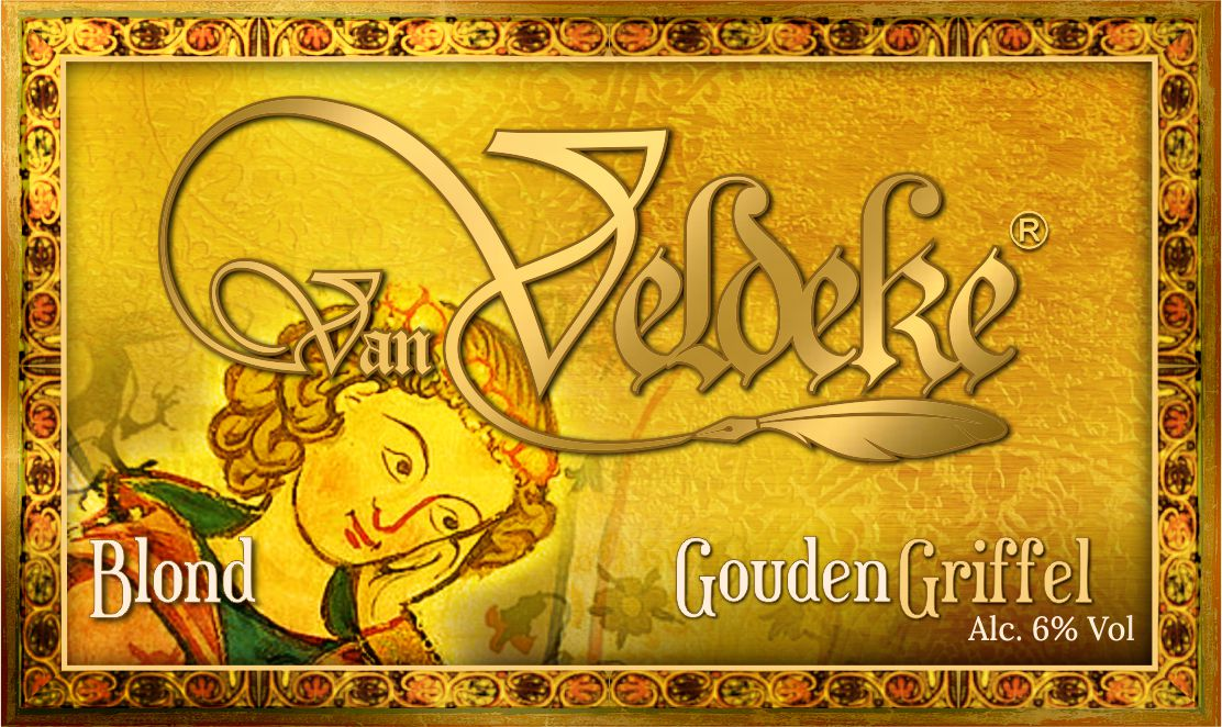 Etiket van VanVeldeke Gouden Griffel, blond bier van 6% alcohol