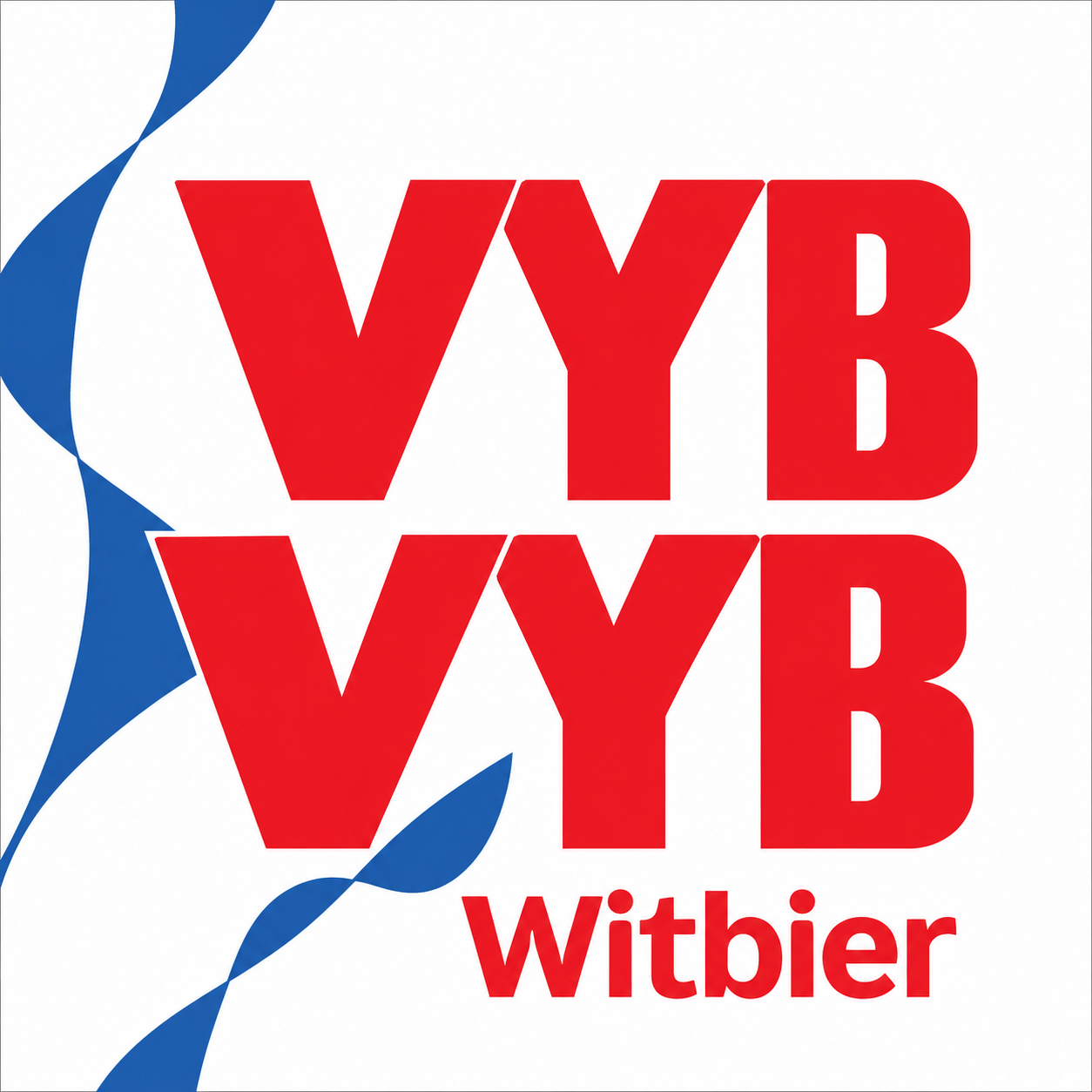 Wit label met grote rode letters 'VYB VYB' en blauwe decoratieve lintvormen