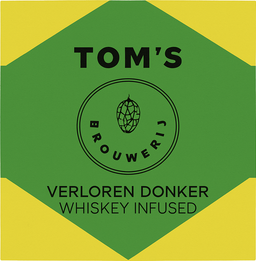 Etiket van Tom's Brouwerij Verloren Donker Whiskey Infused