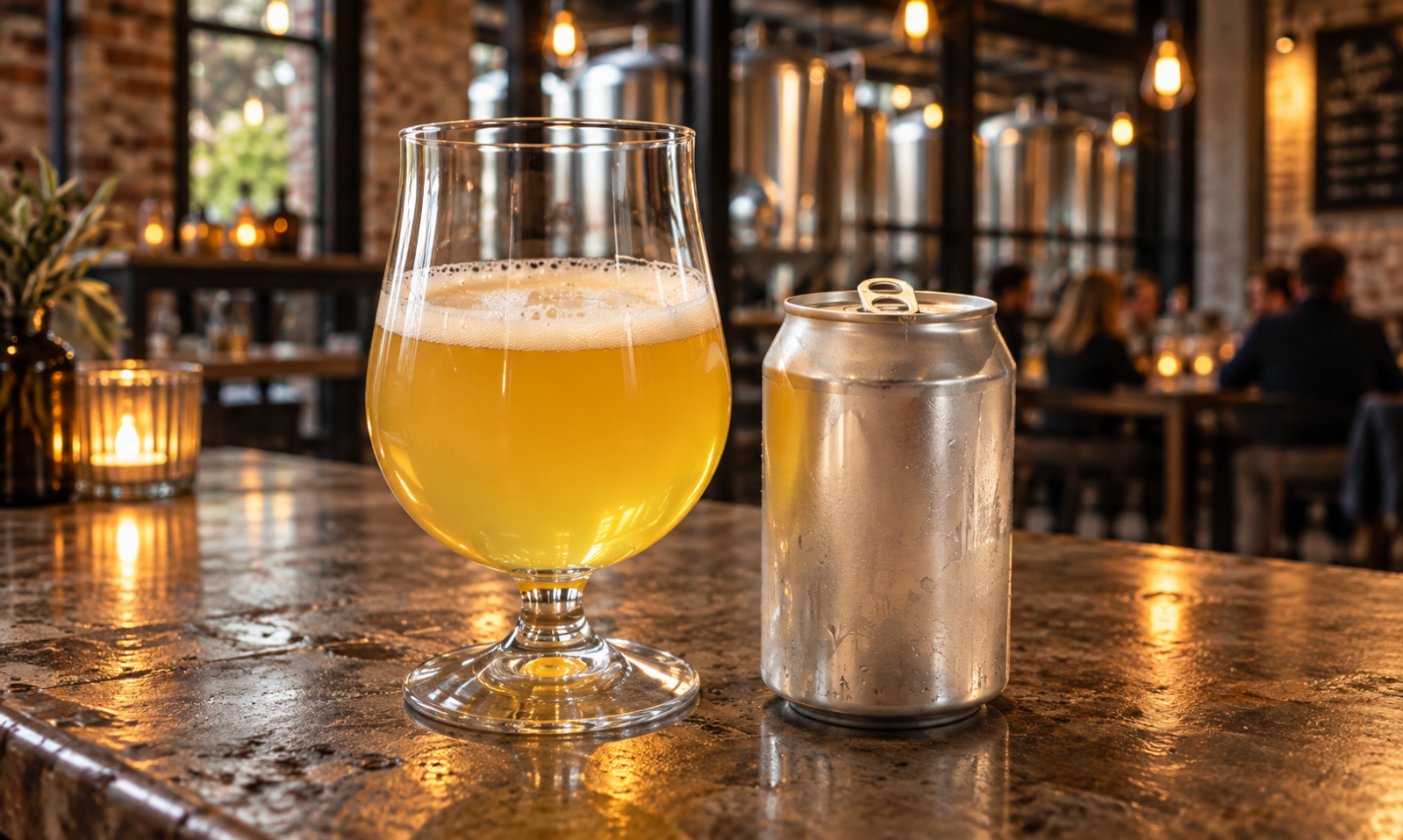 Glas bier met goudgele NEIPA en een zilveren blik op een bar met verlichting en brouwerij-opstelling op de achtergrond