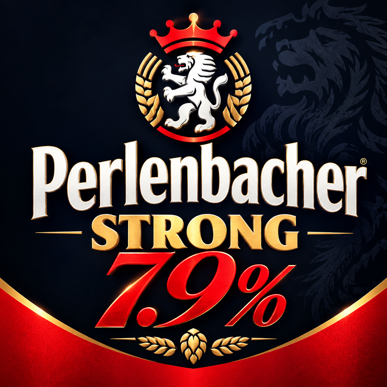 Logo van Perlenbacher Strong met leeuw, goudrode accenten en grote 7.9% tekst
