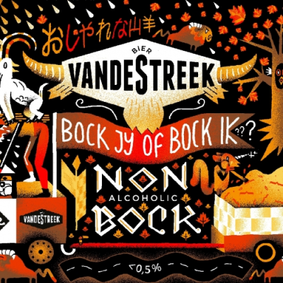 Kleurrijk herfstetiket van Vandestreek Non Alcoholic Bock met de tekst Bock jij of bock ik, 0,5%