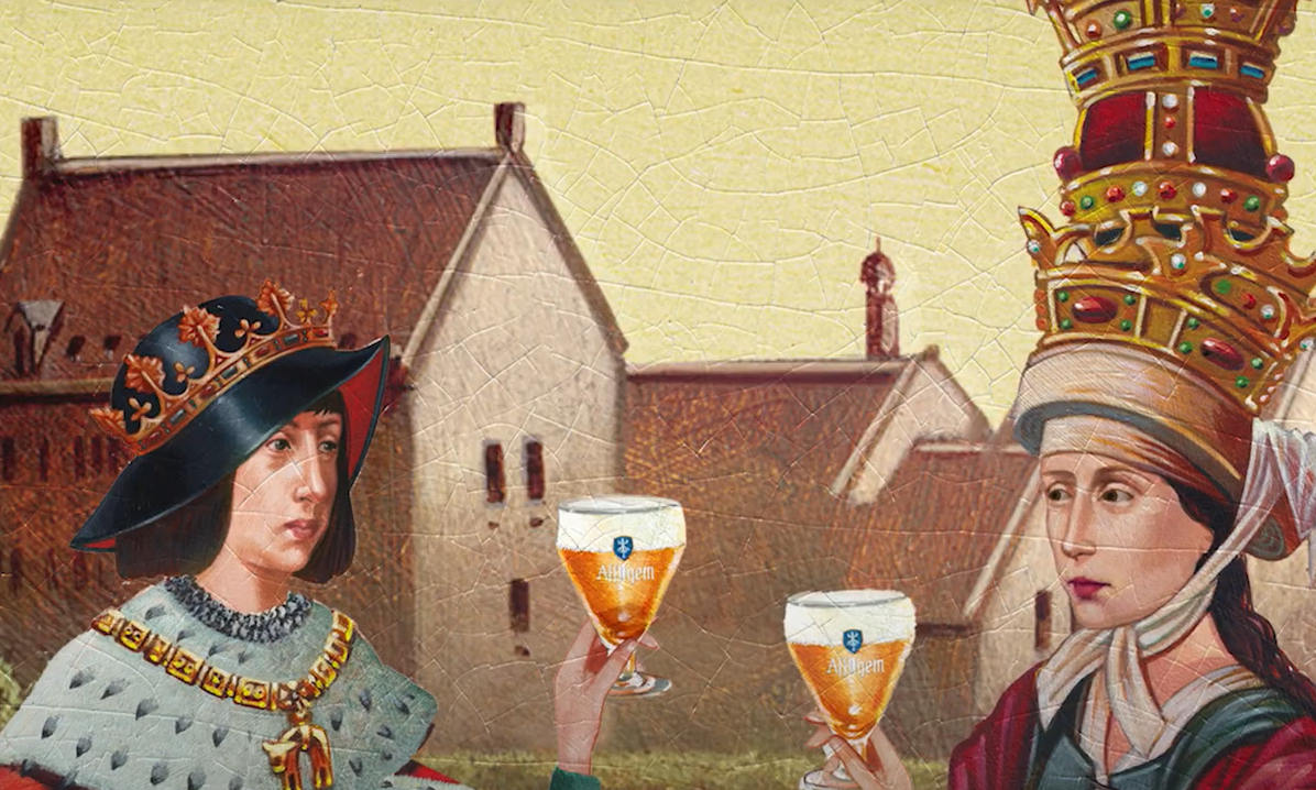 Middeleeuws tafereel met Affligem bier in de hand
