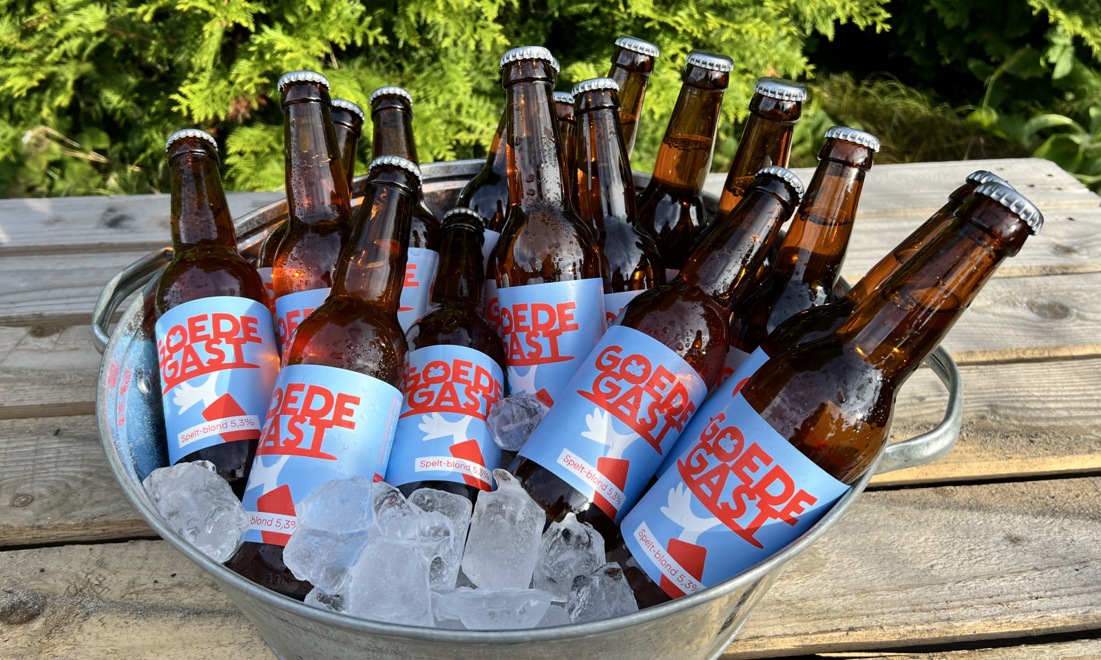 Een koeler met ijs en een heleboel Goede Gast bierflesjes erin