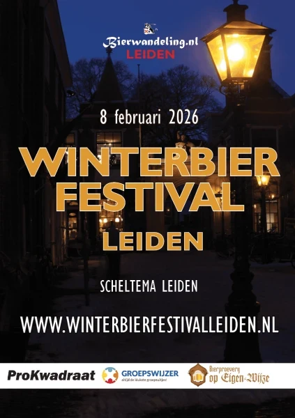 Winterbierfestival Leiden 2026 poster met tekst en sfeervolle verlichting.