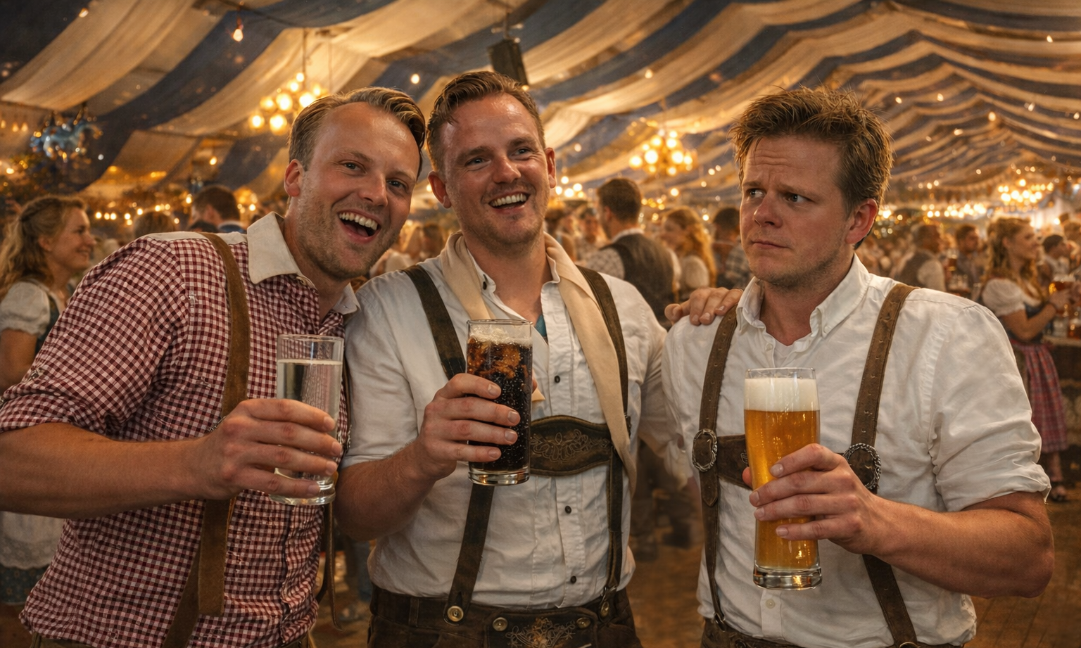Drie mannen in traditionele Beierse kleding houden drankjes vast in een feesttent.