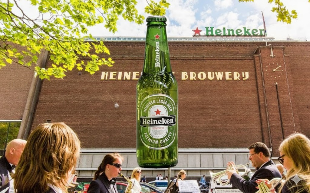 Heineken bierfles voor de brouwerij met mensen op de voorgrond.