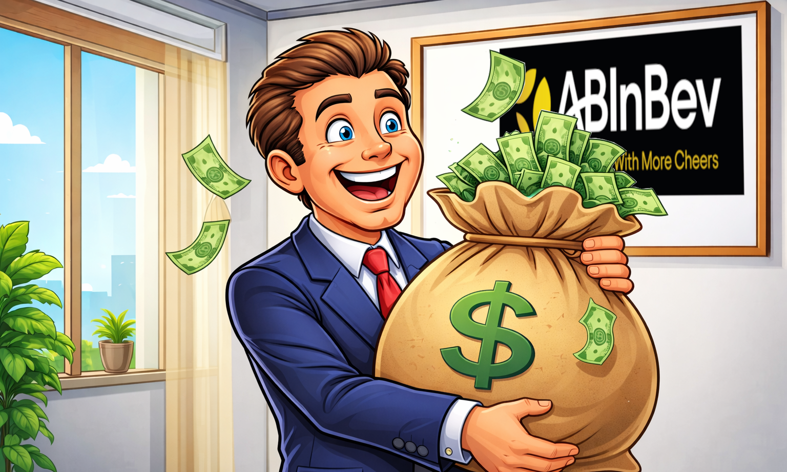 Illustratie van een zakelijke man die een grote zak geld vasthoudt in een kantoor met AB InBev logo.