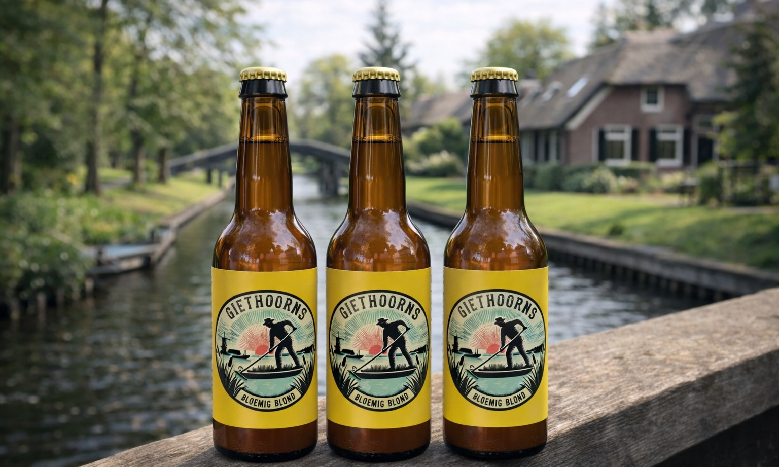 Drie flessen Giethoorns Bloemig Blond bier op een brugleuning over een kanaal.