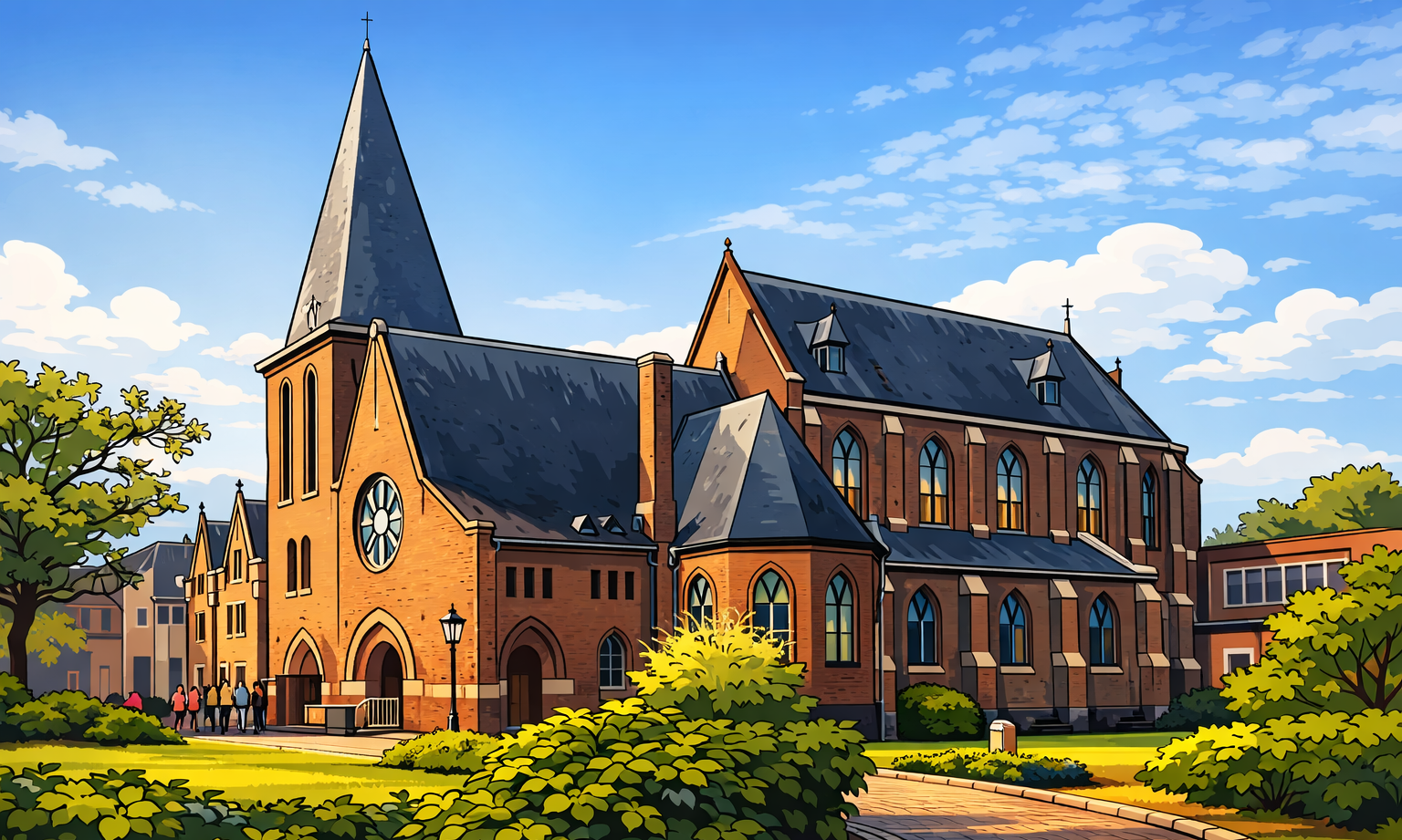 Bakstenen abdijgebouw met toren en groene tuin onder blauwe lucht.