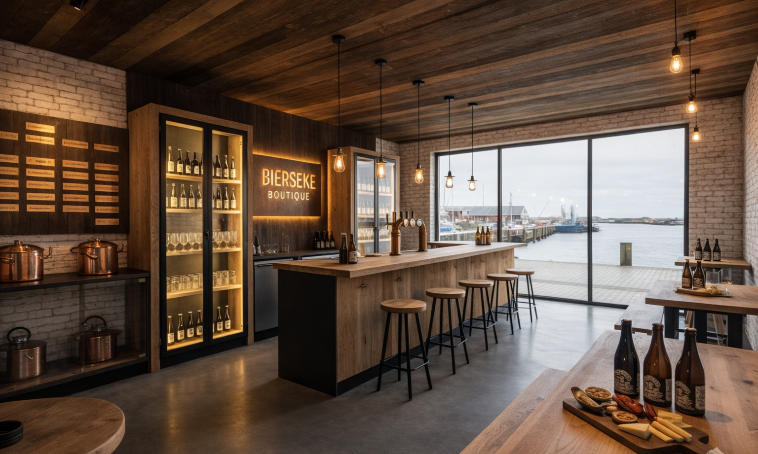Interieur van Bierseke Boutique met houten bar en uitzicht op de haven.