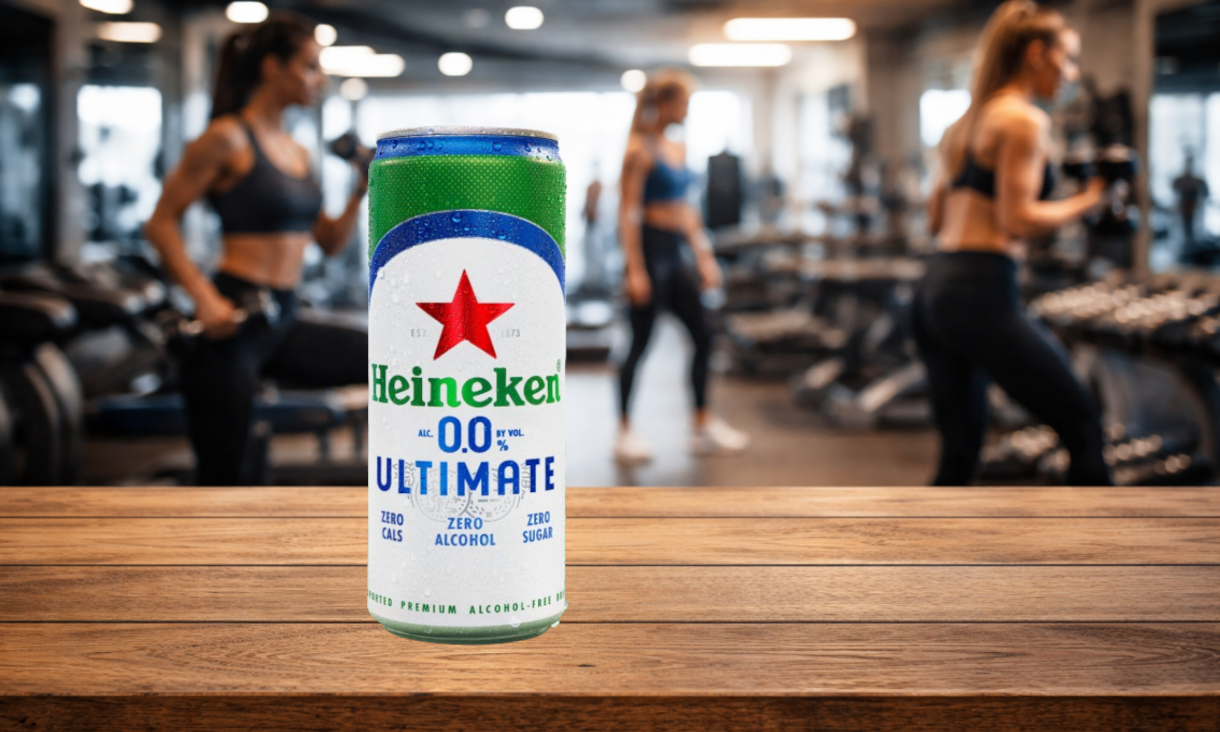 Een blikje Heineken 0.0 Ultimate op een houten tafel, met een sportschool op de achtergrond.