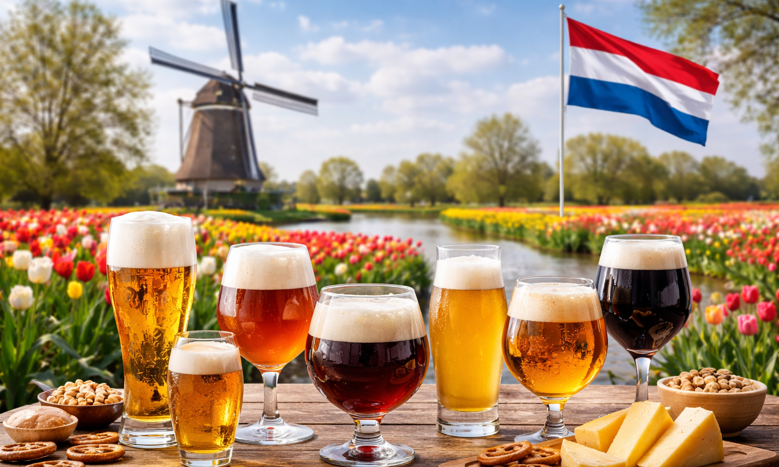 Glazen bier met Nederlandse vlag, tulpen en windmolen op de achtergrond.