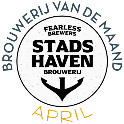 Logo met tekst 'Brouwerij van de maand: Stadshaven Brouwerij, Fearless Brewers, April'.