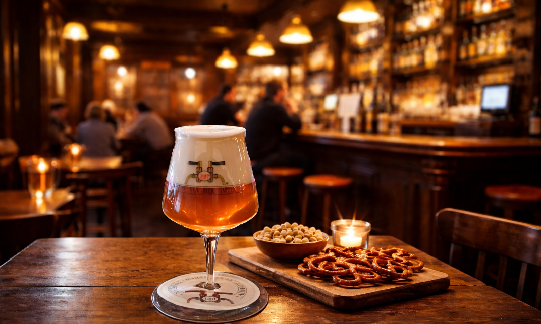 ABT glas gevuld met Stadshaven Orange Wave Dunkelweizen bier op een houten tafel voor een sfeervolle kroegbar met pretzels en kaarslicht.