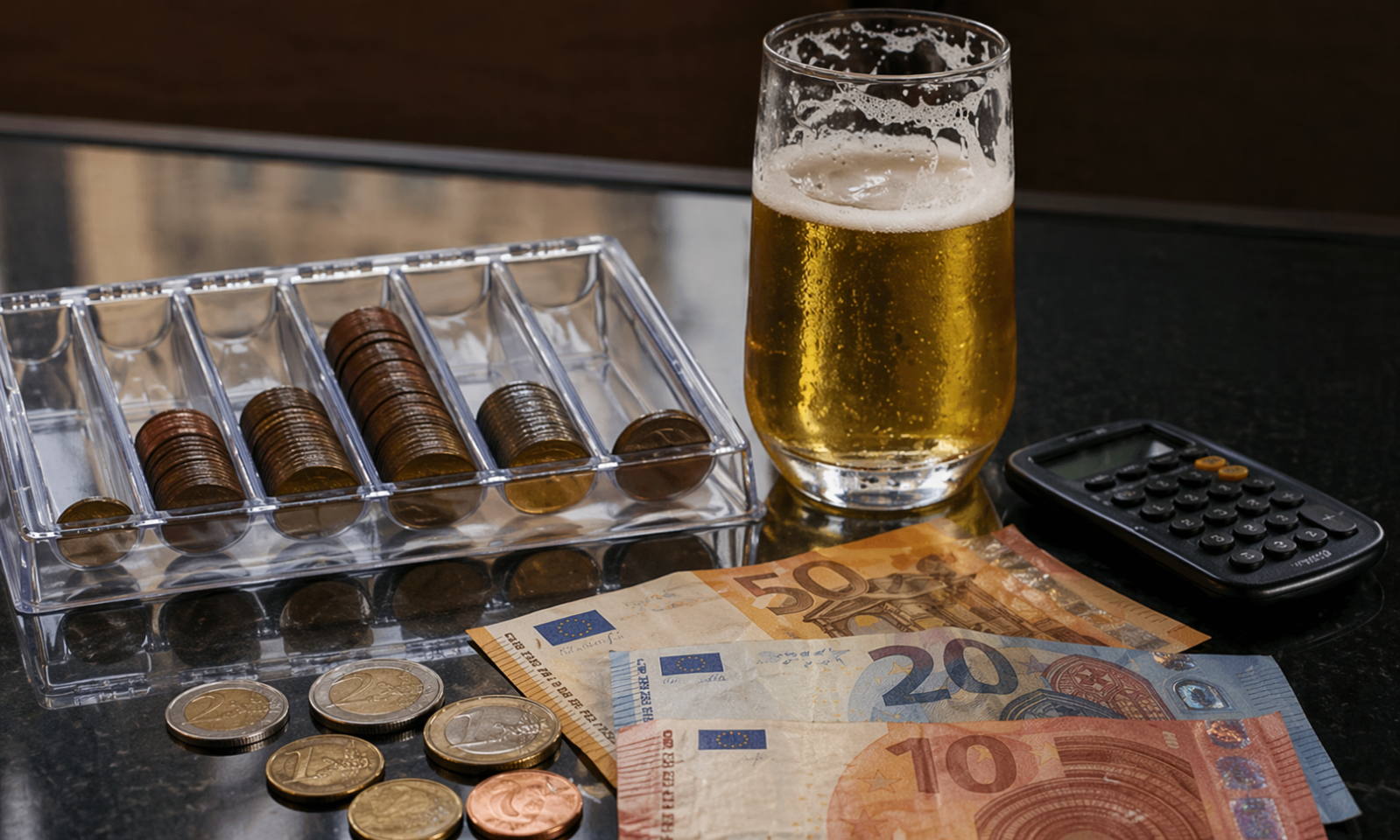 Bierglas naast eurobiljetten, munten en rekenmachine op een tafel.