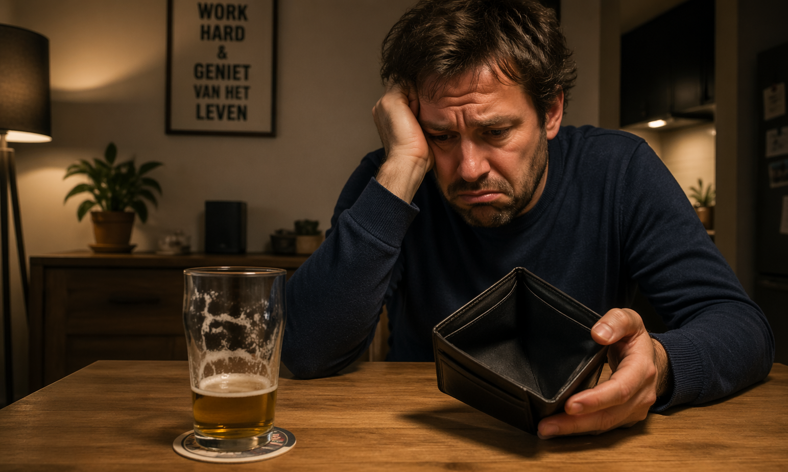 Man zit aan tafel met een leeg glas bier en een lege portemonnee, kijkend bezorgd.
