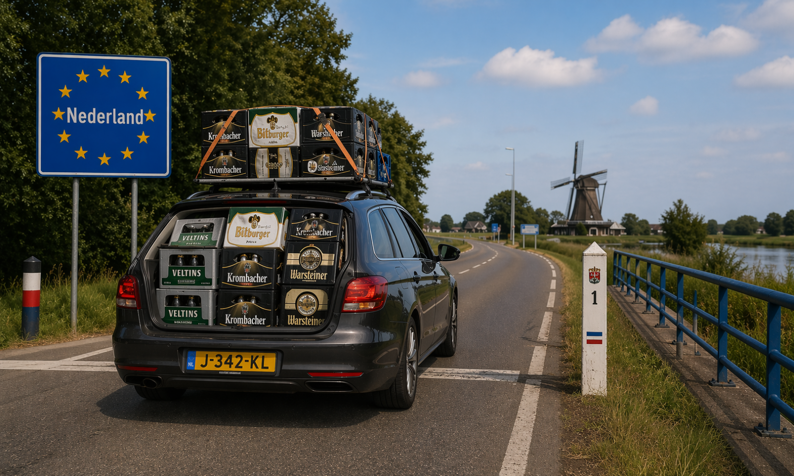 Auto volgeladen met kratten bier rijdt Nederland binnen langs een weg met een molen op de achtergrond.