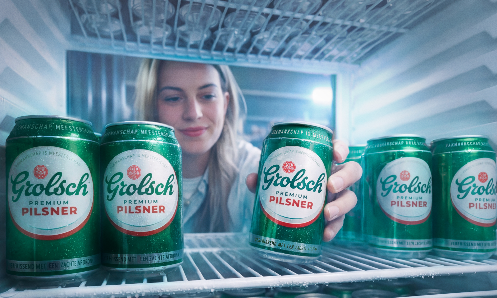 Vrouw pakt een blikje Grolsch Premium Pilsner uit een koelkast vol met blikjes.