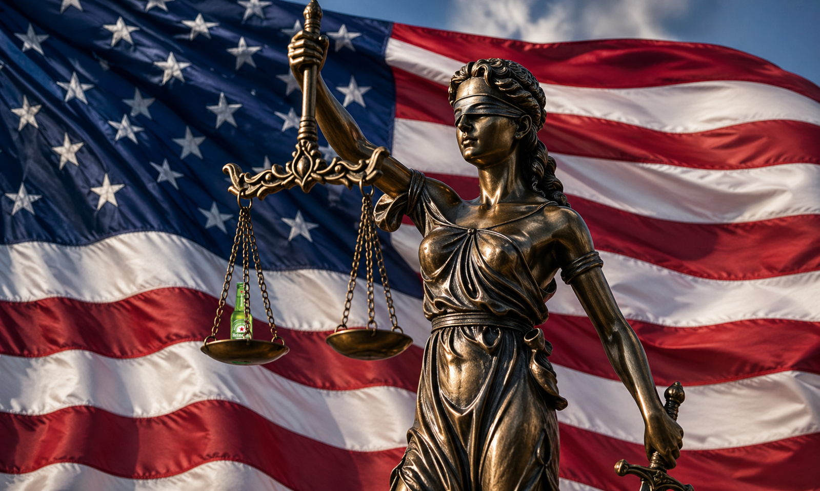 Vrouwe Justitia voor een Amerikaanse vlag met een Heineken-flesje in de weegschaal.