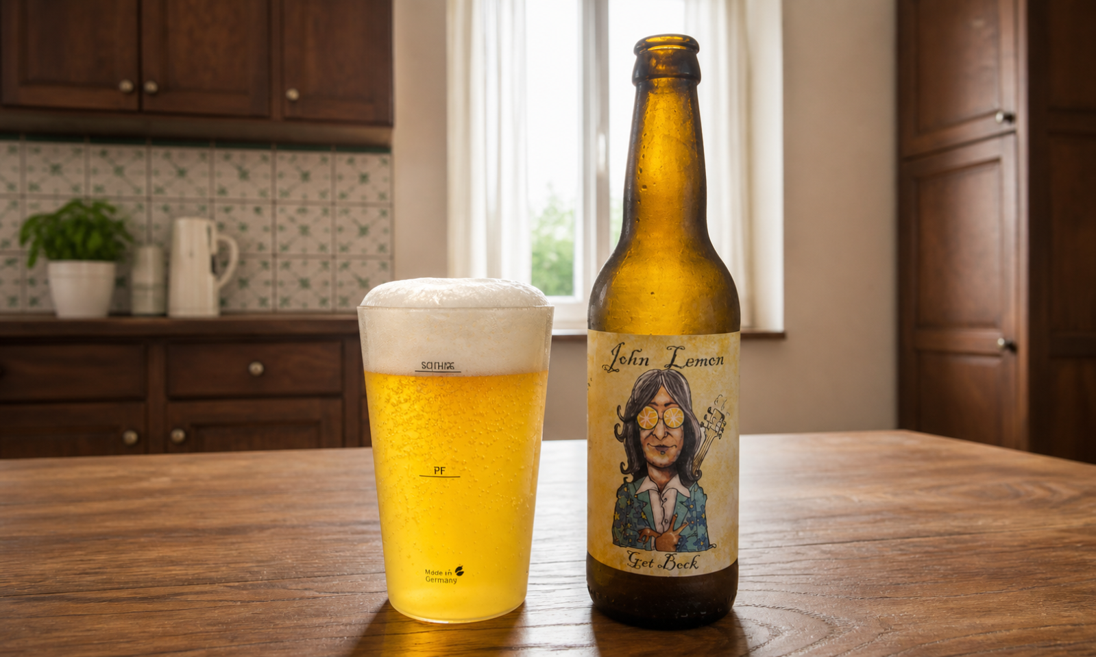 Een John Lemon bierfles en glas bier op een houten tafel met keukenkastjes op de achtergrond.