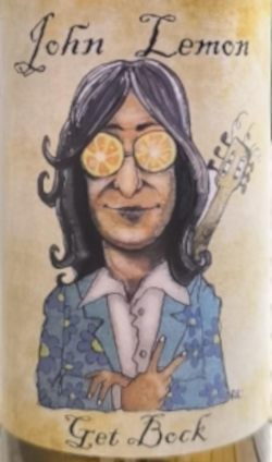 Etiket met John Lemon, cartoonfiguur met citrusogen en gitaar.