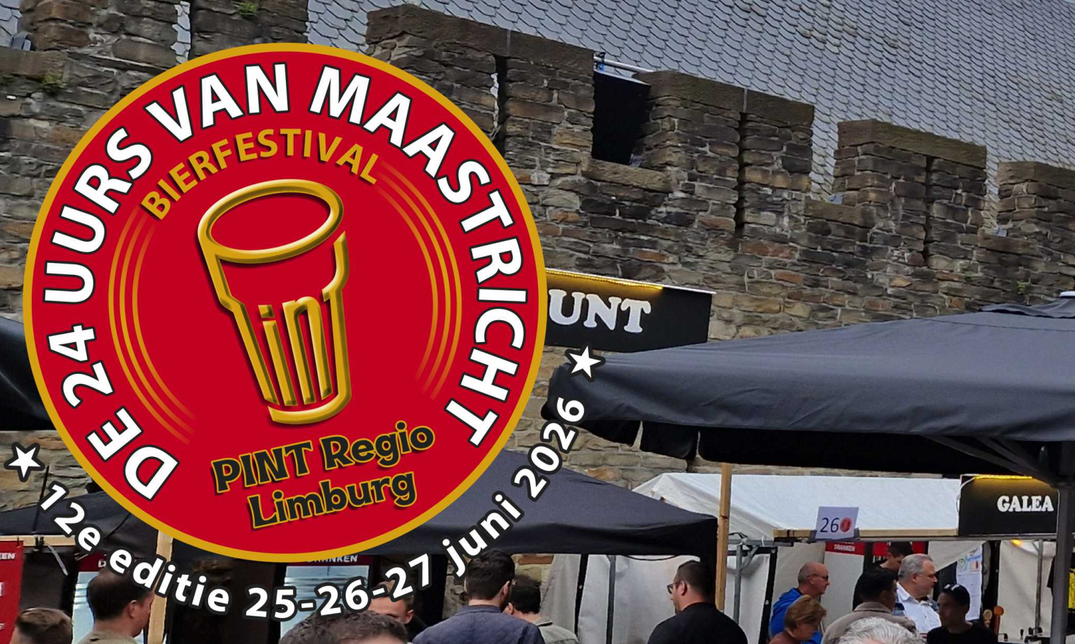 Logo van de 24uurs van Maastricht bierfestival met middeleeuwse muur op de achtergrond.