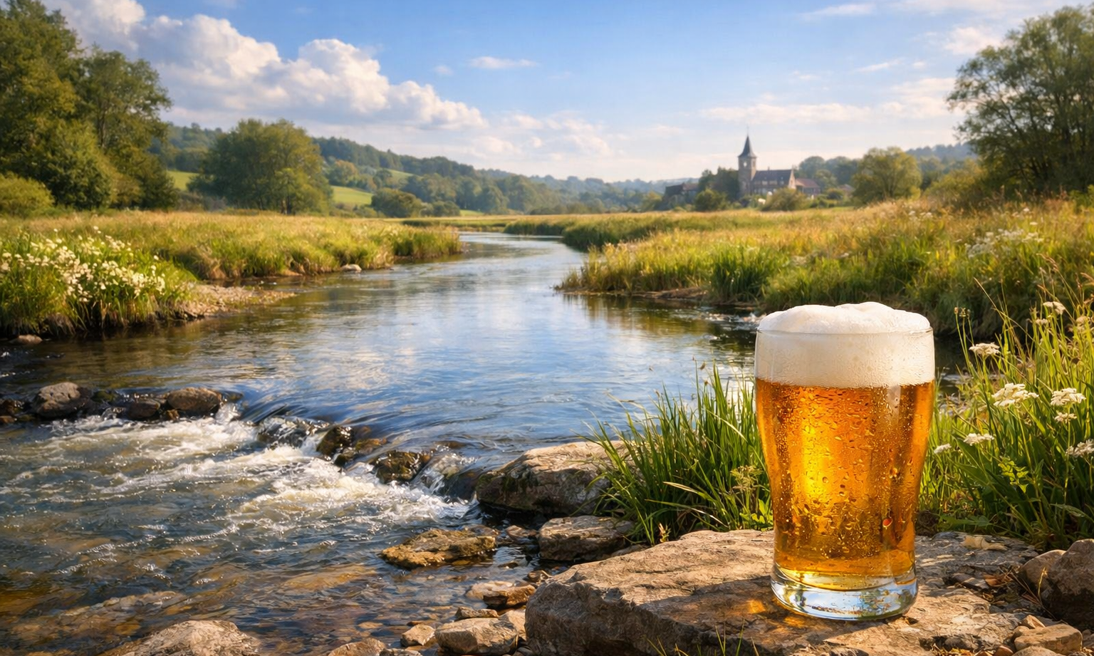 Bierglas op rots bij beek met landschap en kerk in de verte.