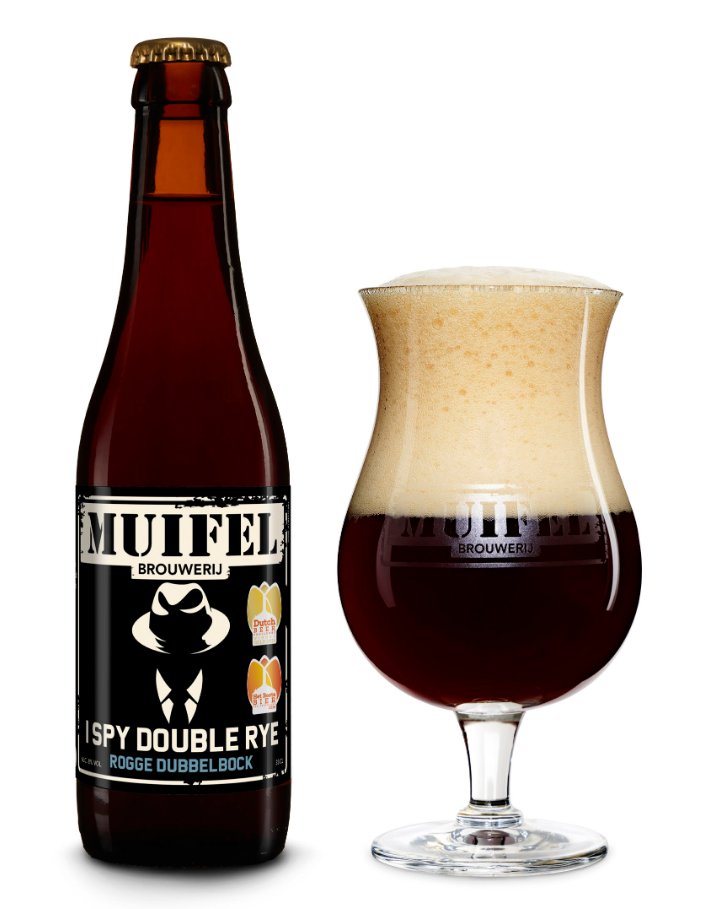 Fles en glas bier Muifel I Spy Double Rye dubbelbock.