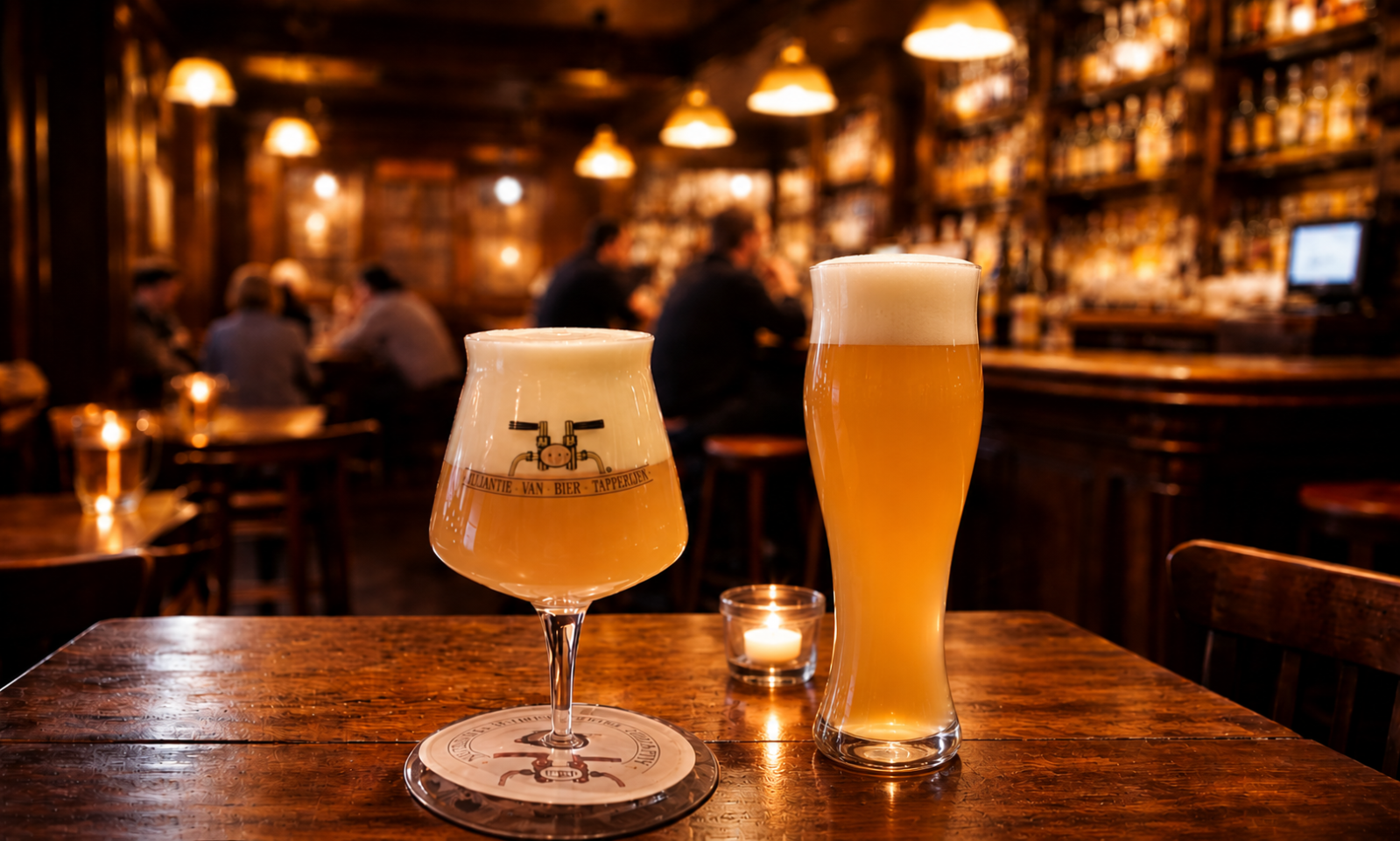 Knalsnor bier en een weizen bier in een sfeervol café met kaarslicht.