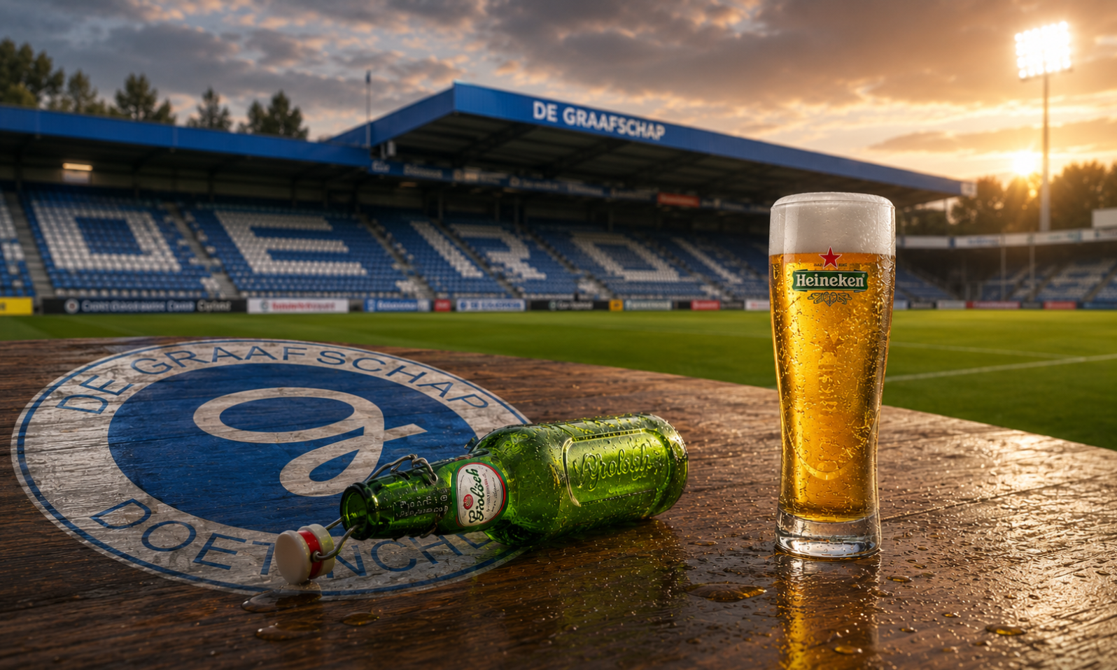 Glas Heineken bier naast een lege Grolsch fles op een tafel in een stadion.