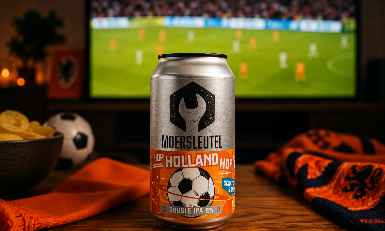 Blik Moersleutel Hop Holland Hop op tafel met voetbalwedstrijd op tv.