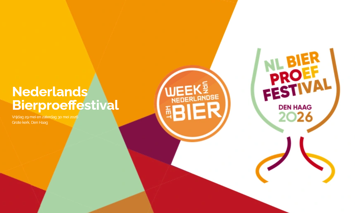 Poster voor het Nederlands Bierproeffestival 2026 met kleurrijke geometrische achtergronden en festivalinformatie.