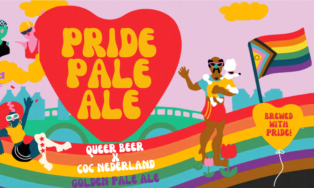 Illustratie met regenboogkleuren en teksten voor COC jubileum en Pride Pale Ale.