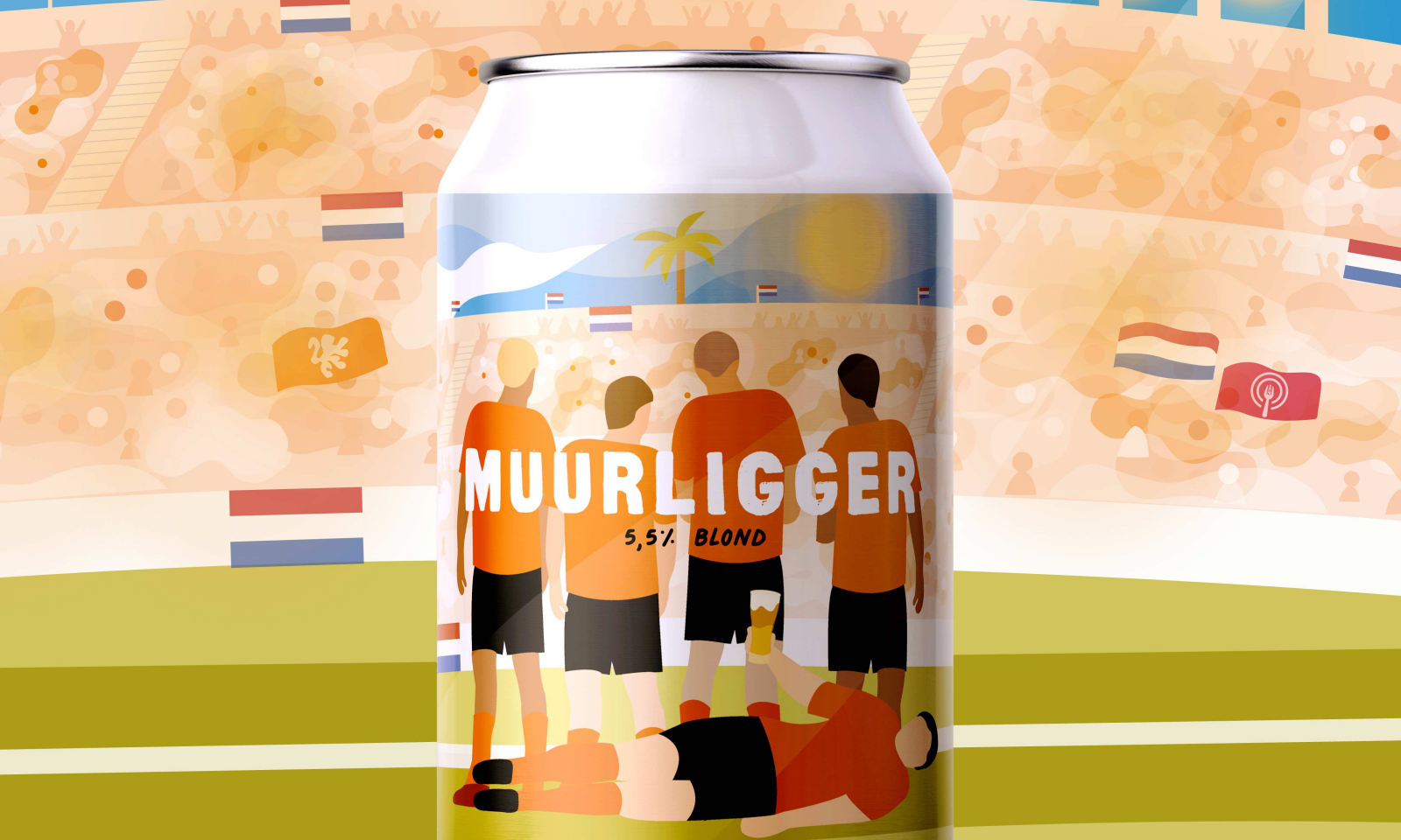 Blik Muurligger bier tegen de achtergrond van een levendig voetbalstadion met publiek.