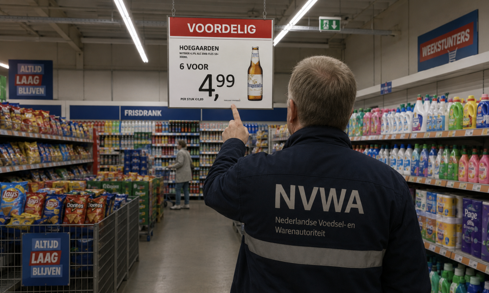 Man in NVWA-jasje wijst naar Hoegaarden aanbieding in supermarkt.