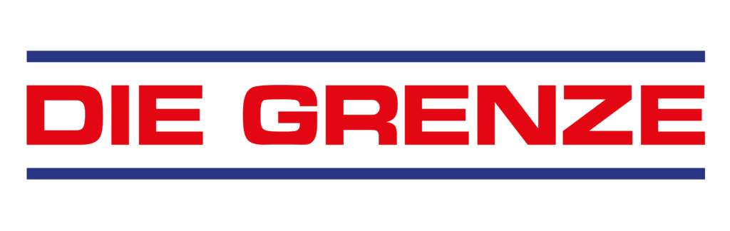 Het logo van Die Grenze, een witte achtergrond met rode letters en blauwe strepen.