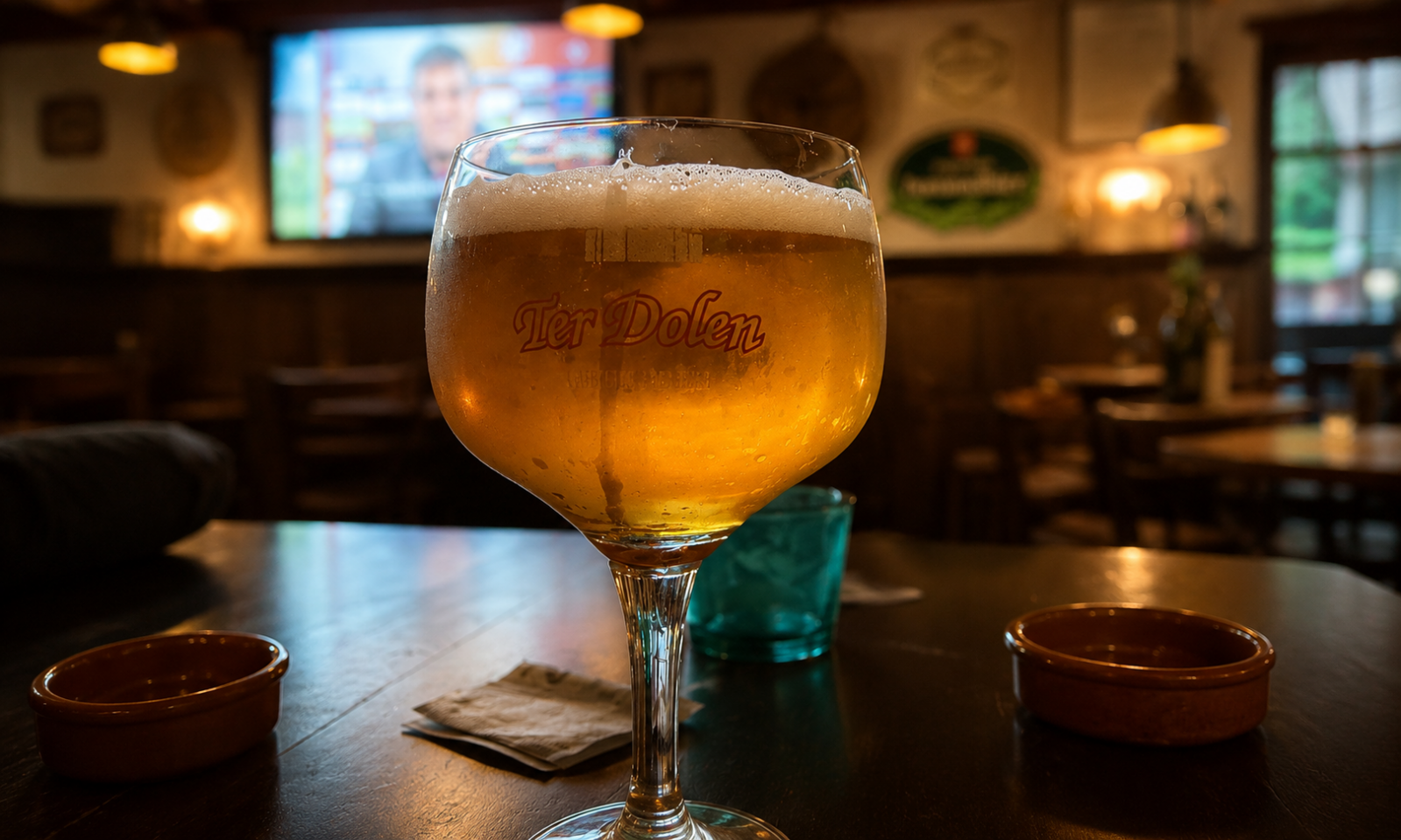 Glas Ter Dolen bier op houten tafel in een gezellige, warme kroeg.