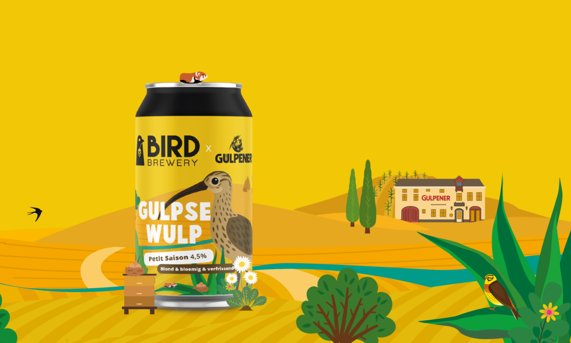 Illustratie van bierblikje Gulpse Wulp met wulp en landschap.