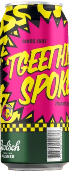 Grolsch bierblik met felroze en gele Zwarte Cross ontwerpen