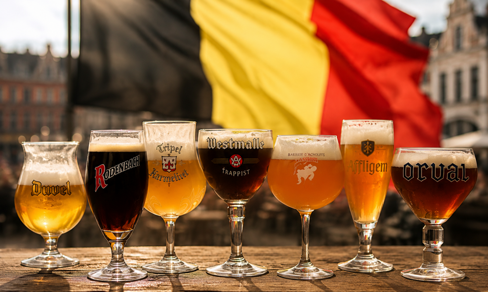 Rij van Belgische bierglazen met nationale vlag op de achtergrond.