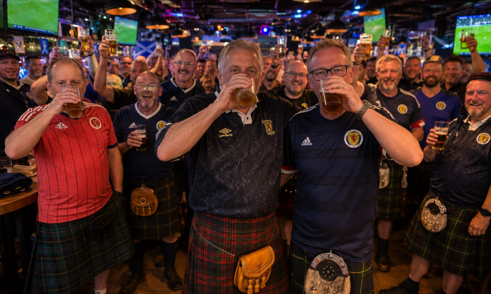 Schotse voetbalfans in kilt drinken bier in een bar tijdens een wedstrijd.