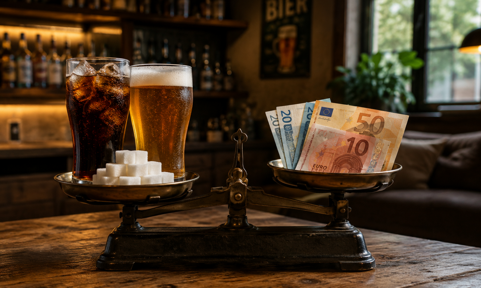 Glazen cola en bier met suikerklontjes en biljetten op ouderwetse weegschaal in café.