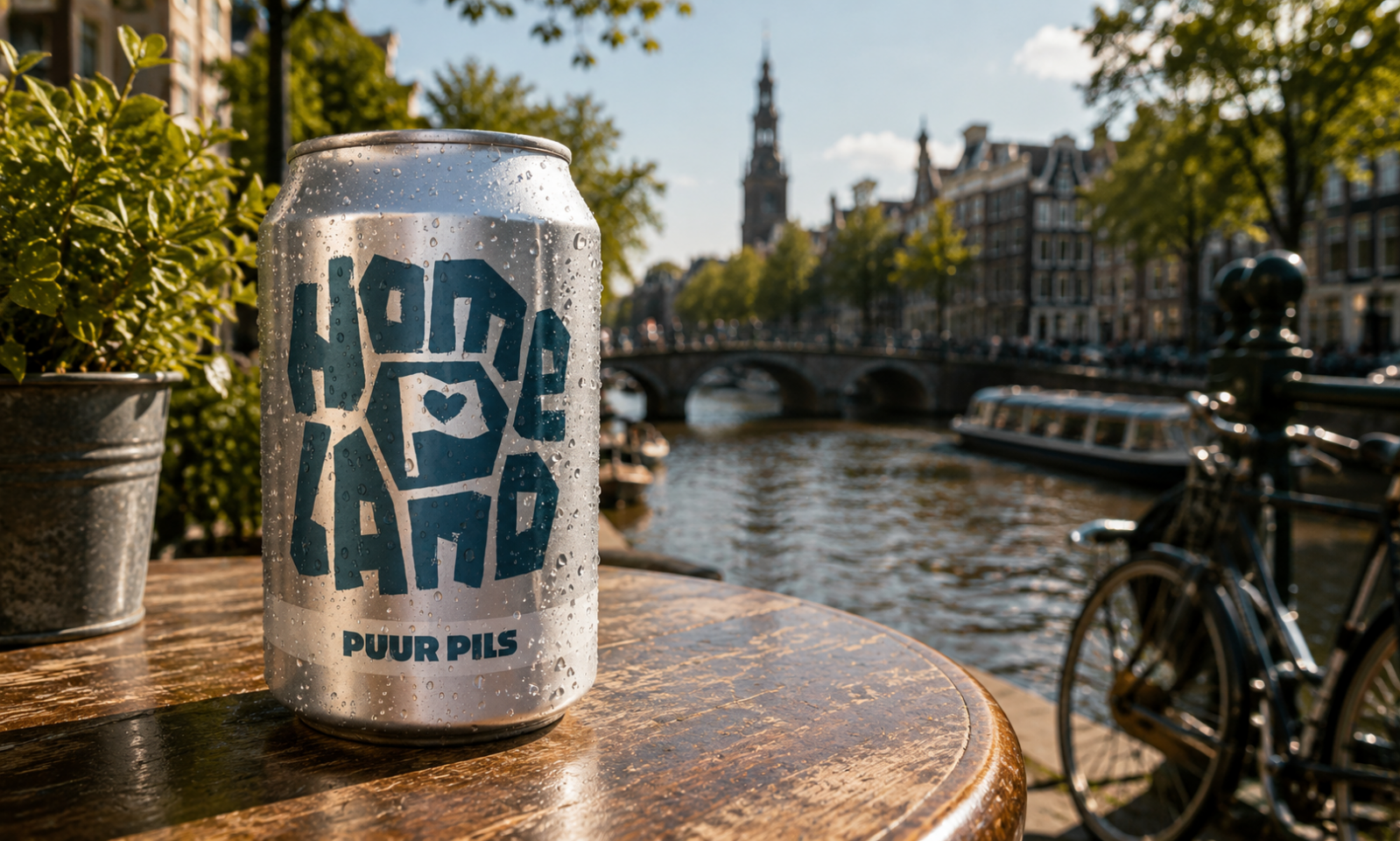 Blik Homeland Puur Pils op een houten tafel aan een Amsterdamse gracht met brug en fiets.
