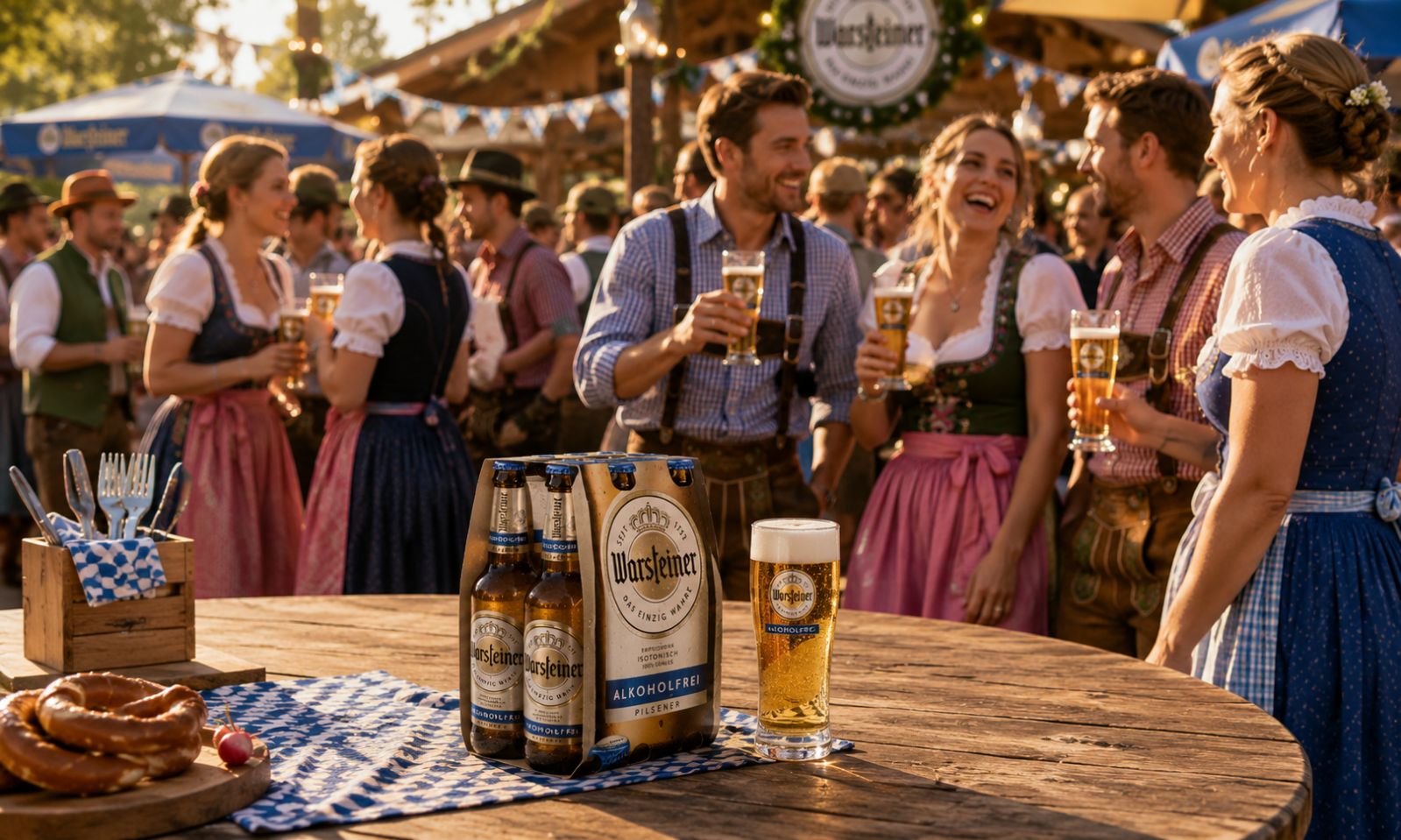 Warsteiner alcoholvrij bier op biertafel tijdens druk Duits bierfeest met mensen in traditionele kleding.